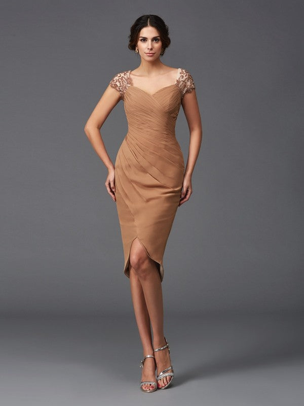 Wholesa  Sheath/Column Sweetheart Applique Short Sleeves High Low Chiffon Cocktail Dresses
