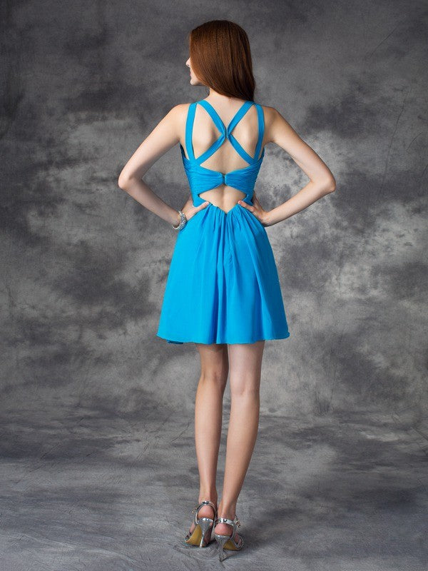Wholesa  A-line/Princess V-neck Ruffles Sleeveless Short Silk like Satin Dresses