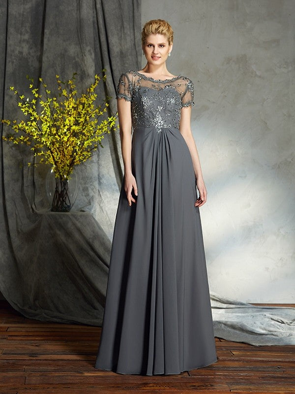 Wholesa A-Line/Princess Scoop Applique Short Sleeves Long Chiffon Mother of the Bride Dresses
