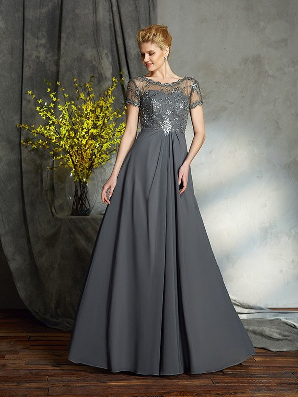 Wholesa A-Line/Princess Scoop Applique Short Sleeves Long Chiffon Mother of the Bride Dresses