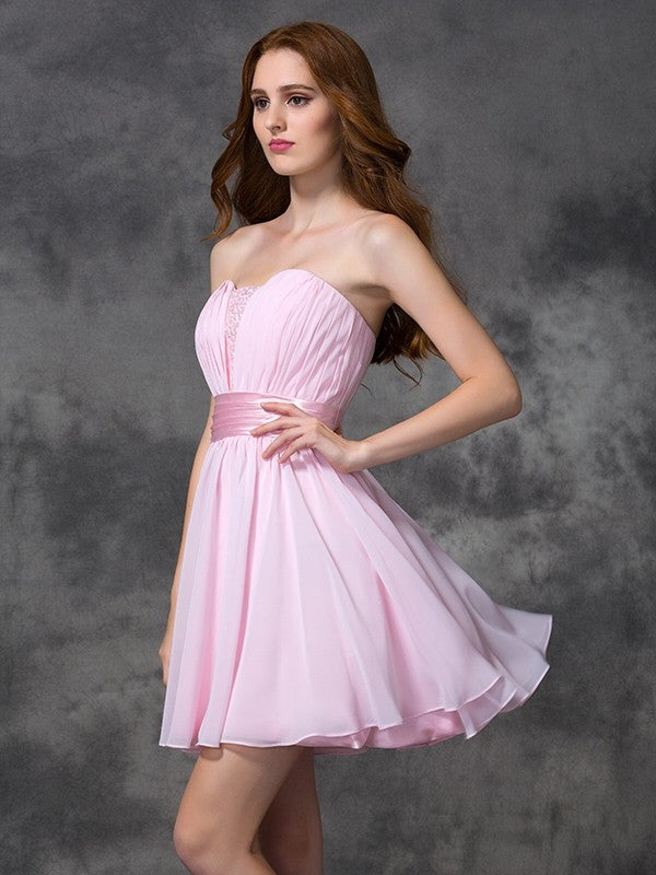 Wholesa  A-line/Princess Sweetheart Ruched Sleeveless Short Chiffon Dresses