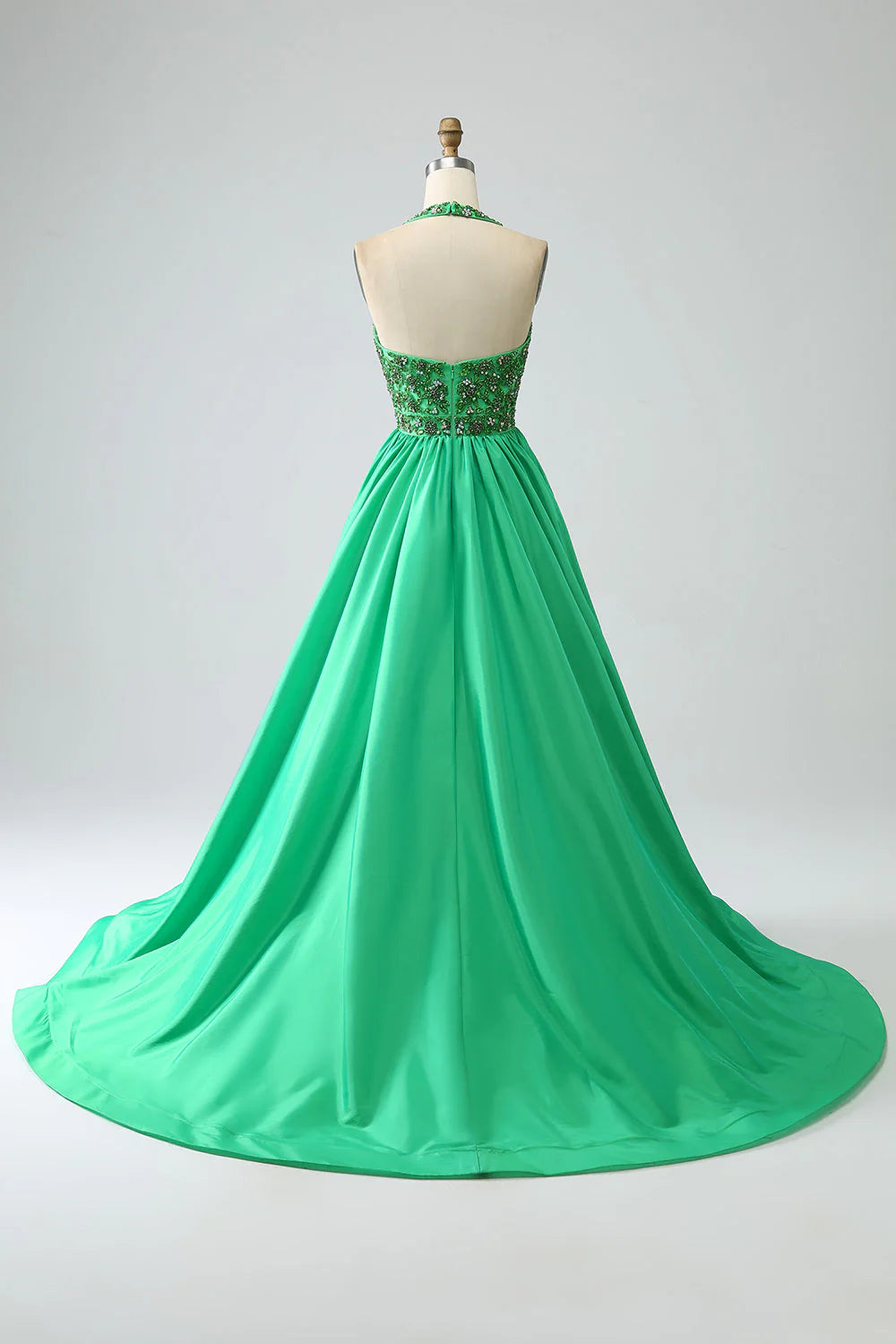 Wholesa Halter Satin Prom Dress with Beading