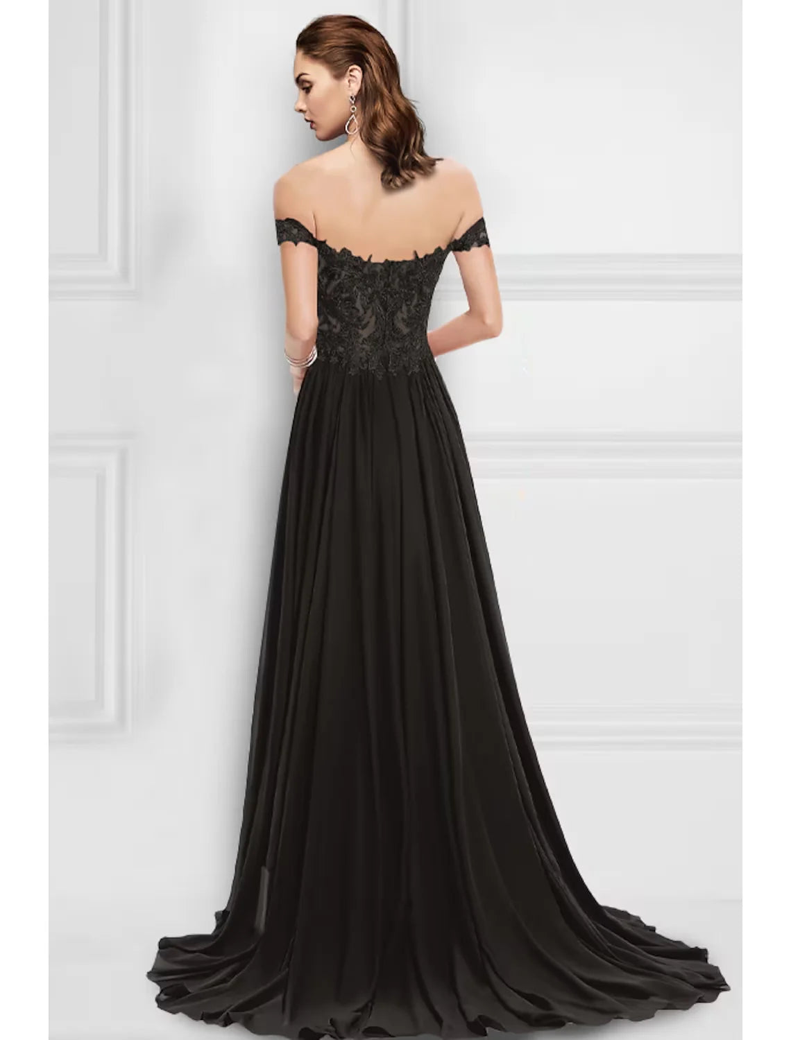 Wholesa A-Line Evening Gown Floral Dress Formal Sweep / Brush Train Sleeveless Off Shoulder Chiffon with Slit Appliques