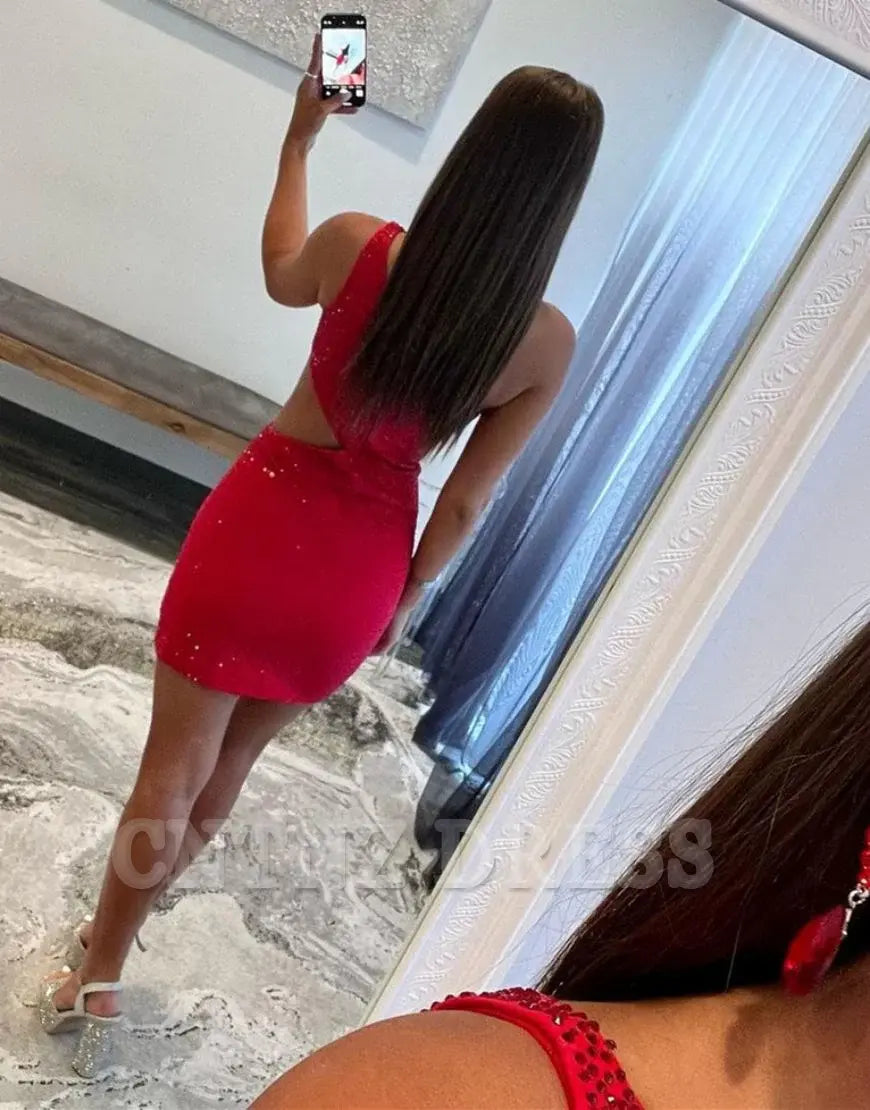 Wholesa Sheath One Shoulder Cutout Waist Short Glitter Red formal dresses Bridesmaid Dresses evening gown Prom Dress Homecoming Dress