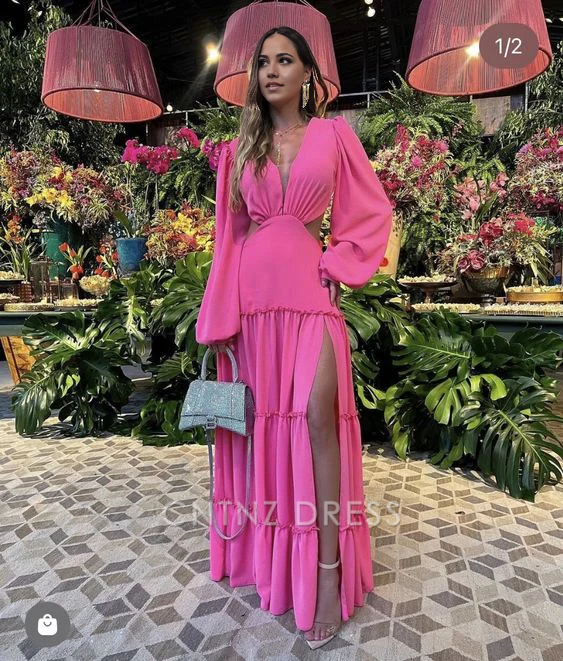 Wholesa A-line V Neck Long Sleeves formal dresses Bridesmaid Dresses evening gown Prom Dress With Split