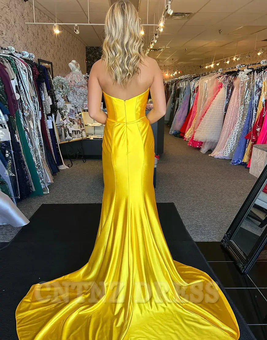 Wholesa Mermaid Strapless Ruched Satin Yellow Long formal dresses Bridesmaid Dresses evening gown Prom Dress with Bow