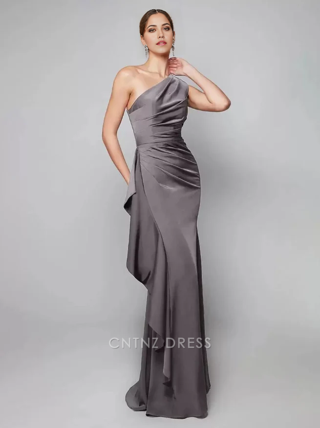 Wholesa Mermaid Sheath One-Shoulder Pleated Sweep Asymmetrical Guest Dresses Mother of the Bride Dresse