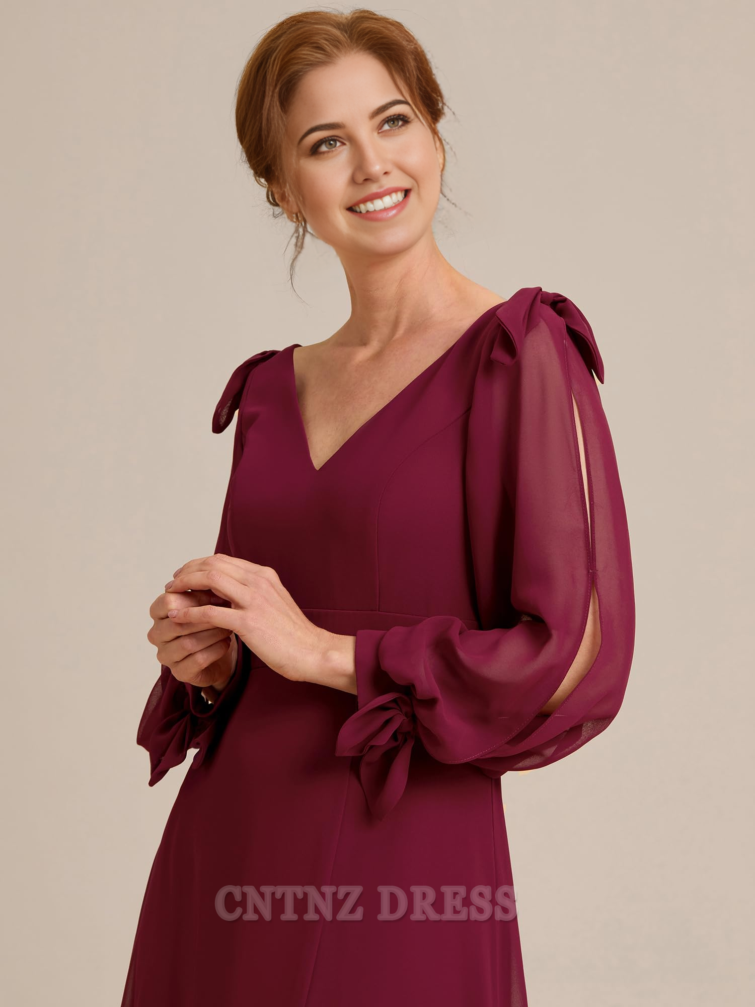 Wholesa Elegant Double V Neck Long Sleeve High Waist Split formal dresses Bridesmaid Dresses evening gown Prom Dress Mother of the Bride Dresses