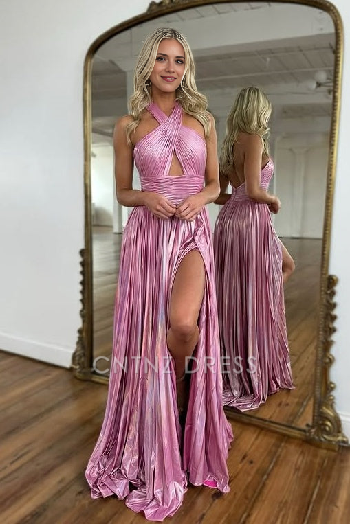 CNTNZ DRESS Modest Satin A-Line Halter Backless Pleated Party With Slit Fashion Hot Sale Prom Dress