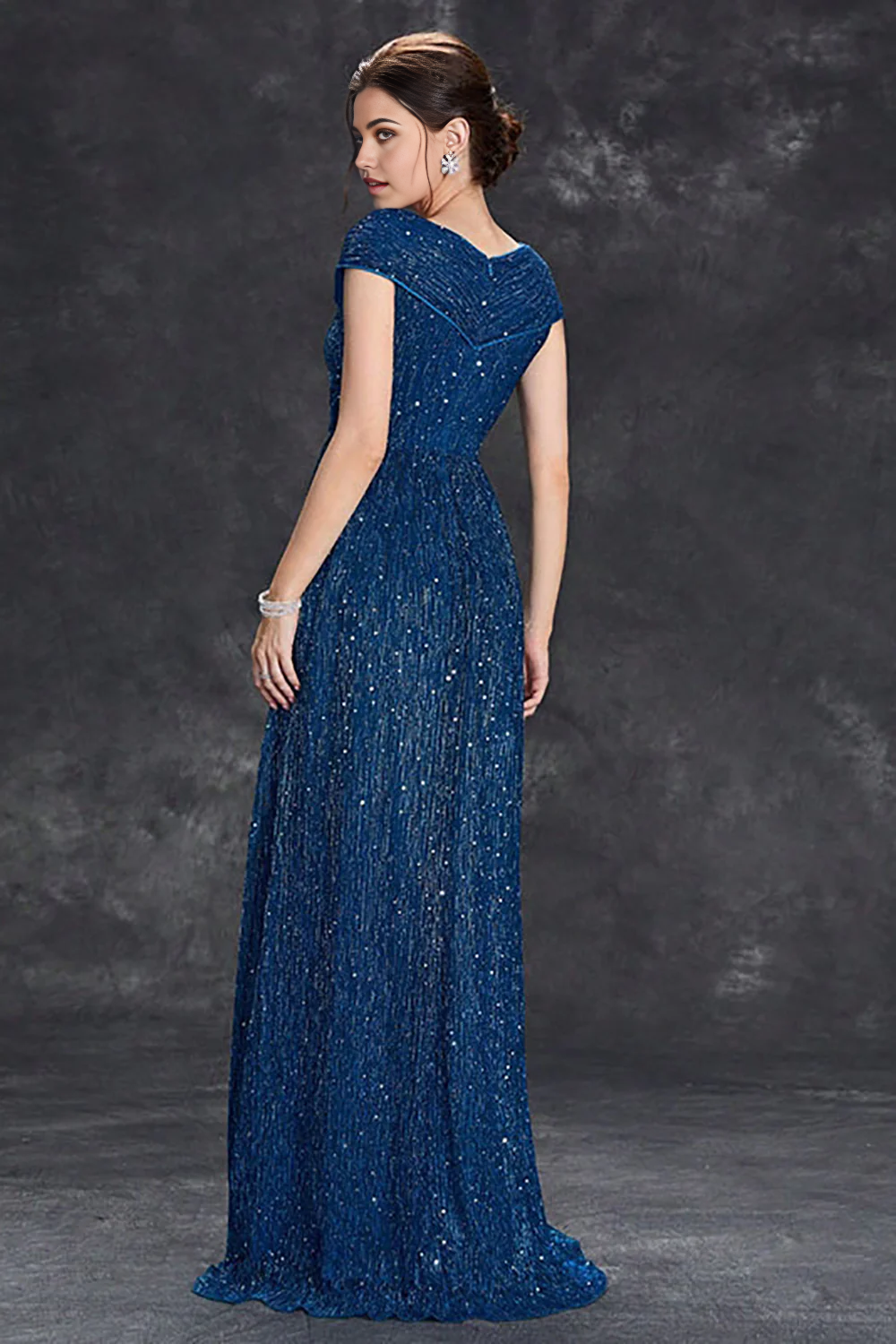 Wholesa A-Line V-Neck Sparkly Long Formal Dress