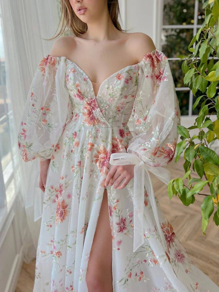 Wholesa A-Line Sweetheart Long Sleeves Floor-Length Prom Dresses