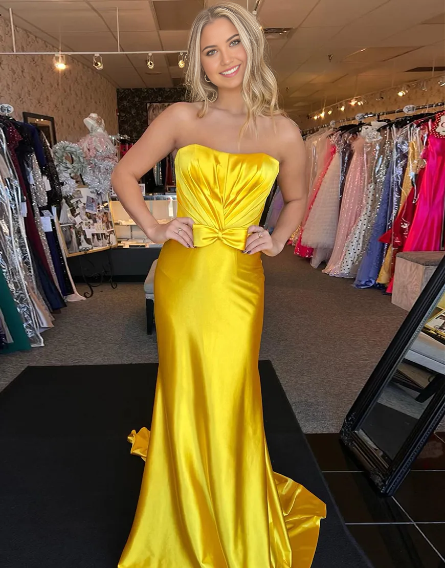 Wholesa Mermaid Strapless Ruched Satin Yellow Long formal dresses Bridesmaid Dresses evening gown Prom Dress with Bow