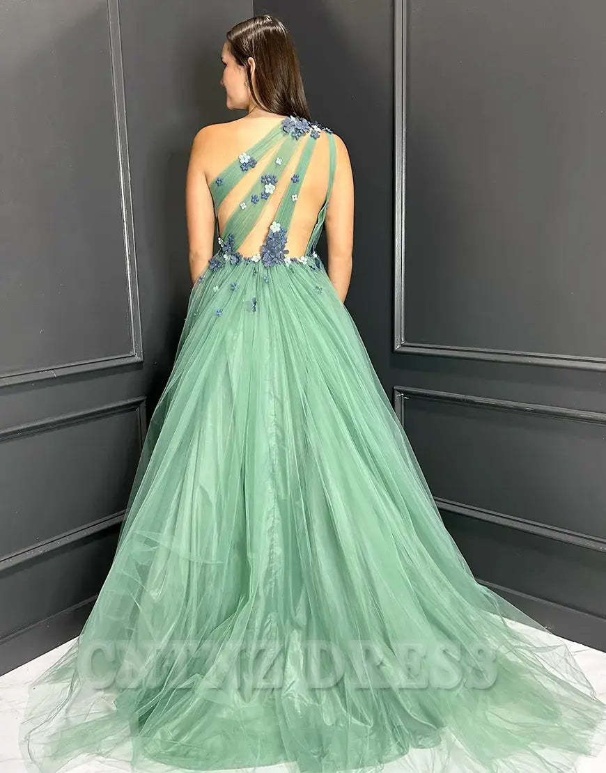 Wholesa A-Line Sparkly One Shoulder Flowers Tulle Green Long formal dresses evening gown Prom Dress