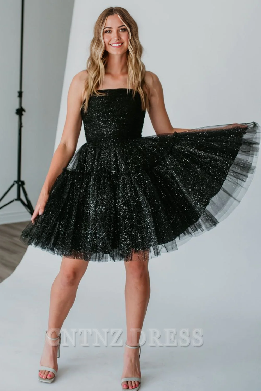 Wholesa A-Line Spaghetti Straps Glitter Black Lace Up Short Tulle formal dresses evening gown Prom Dress Homecoming Dress