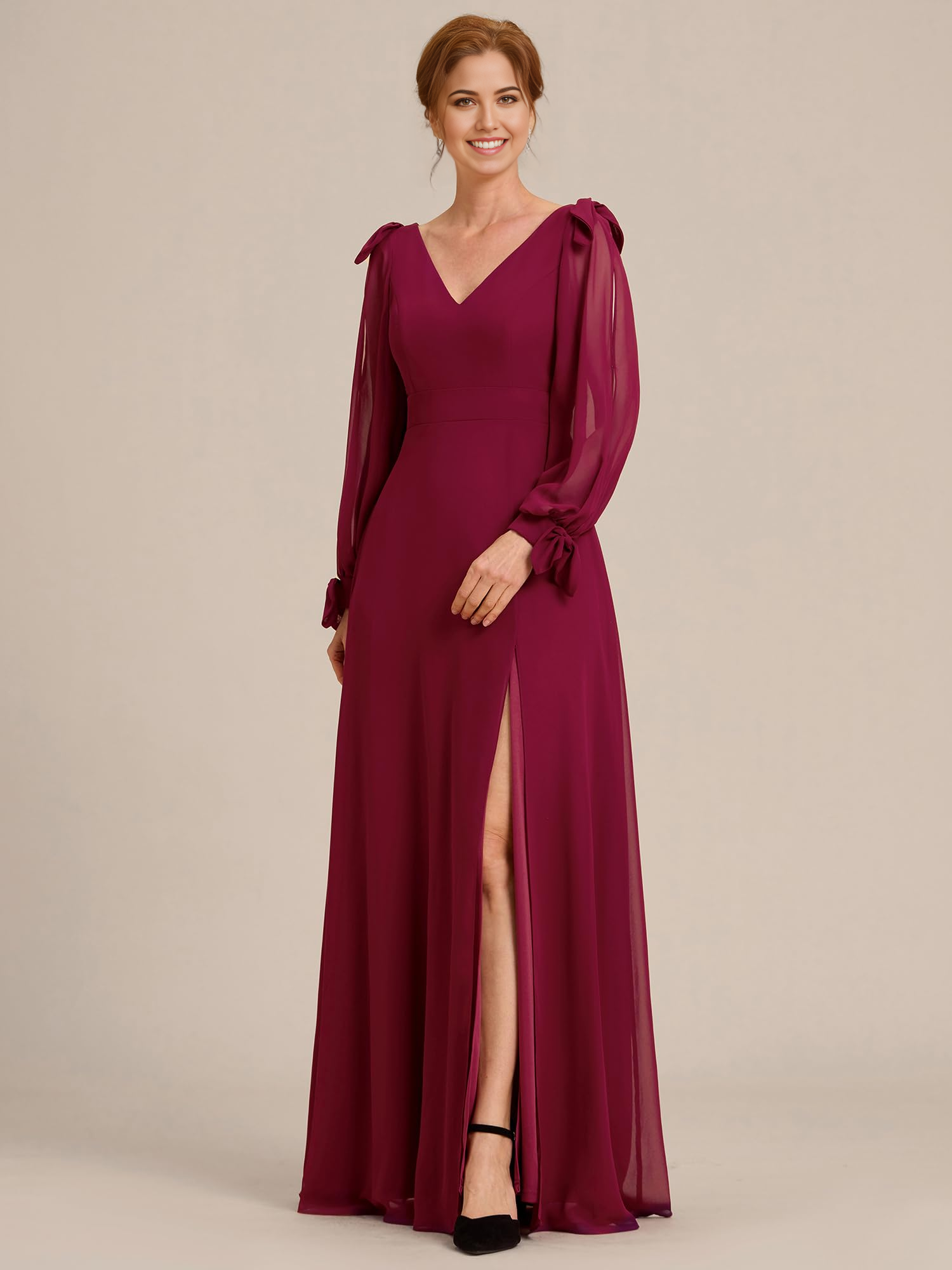 Wholesa Elegant Double V Neck Long Sleeve High Waist Split formal dresses Bridesmaid Dresses evening gown Prom Dress Mother of the Bride Dresses