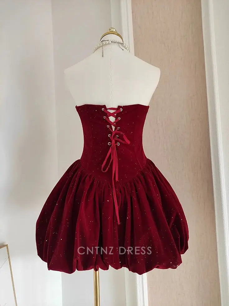 Wholesa A Line Cute Strapless Burgundy Velvet Ruffles formal dresses Bridesmaid Dresses evening gown Prom Dress