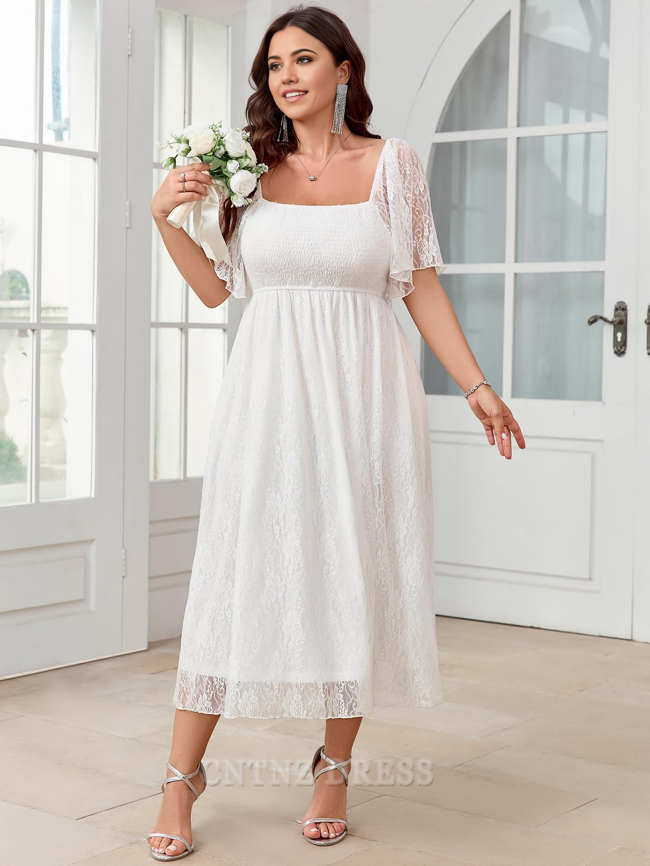 Wholesa Plus Size Square Neck Lace Short Sleeve formal dresses Bridesmaid Dresses evening gown Prom Dress