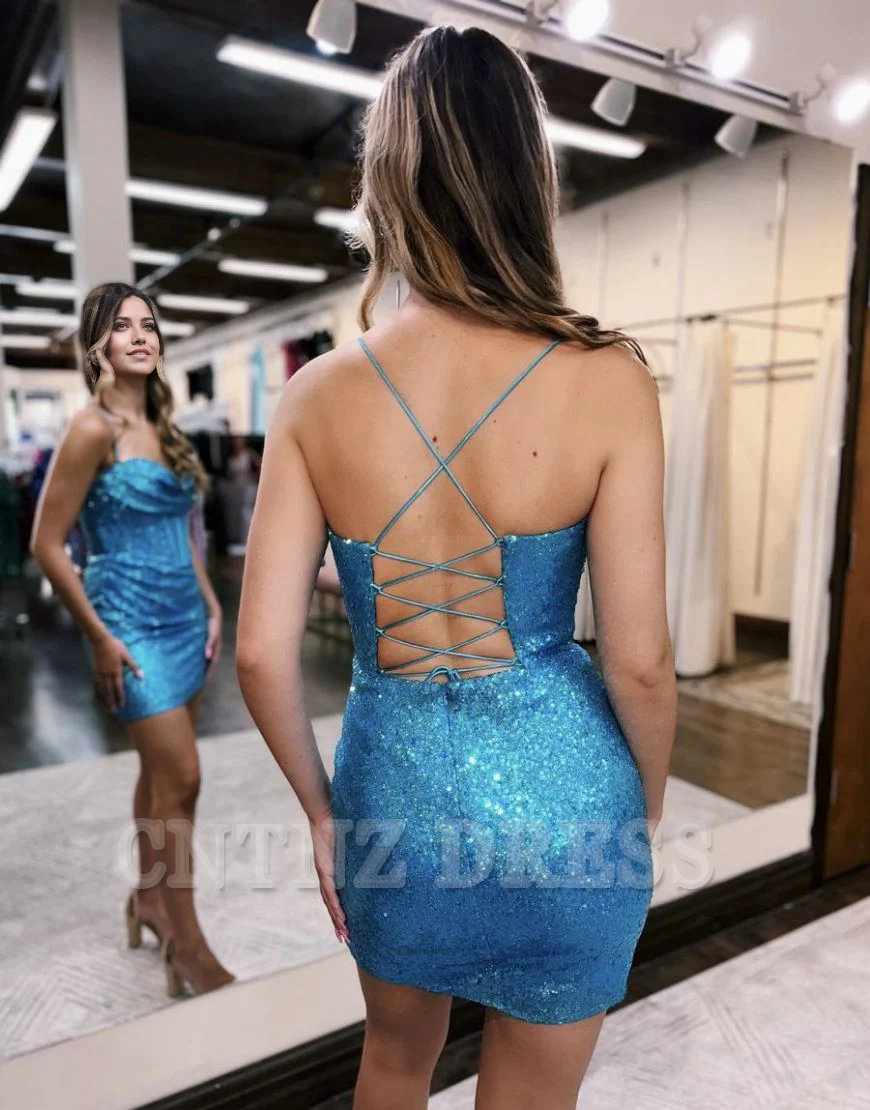 Wholesa Sparkly Spaghetti Straps Short Tight Hot Pink formal dresses Bridesmaid Dresses evening gown Prom Dress Homecoming Dress