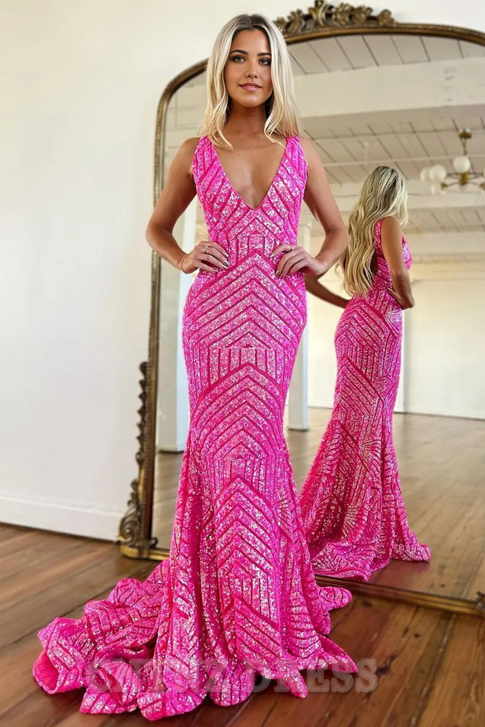 Wholesa Sparkly Sequin Deep V-Neck Sexy Long Corset formal dresses evening gown Prom Party Dress