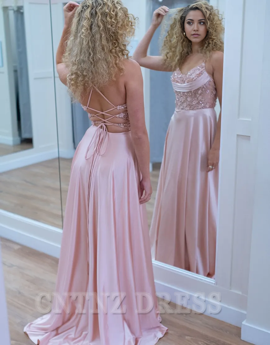 Wholesa A-Line Sparkly Flowers Corset Spaghetti Straps Pink Long formal dresses evening gown Prom Dress