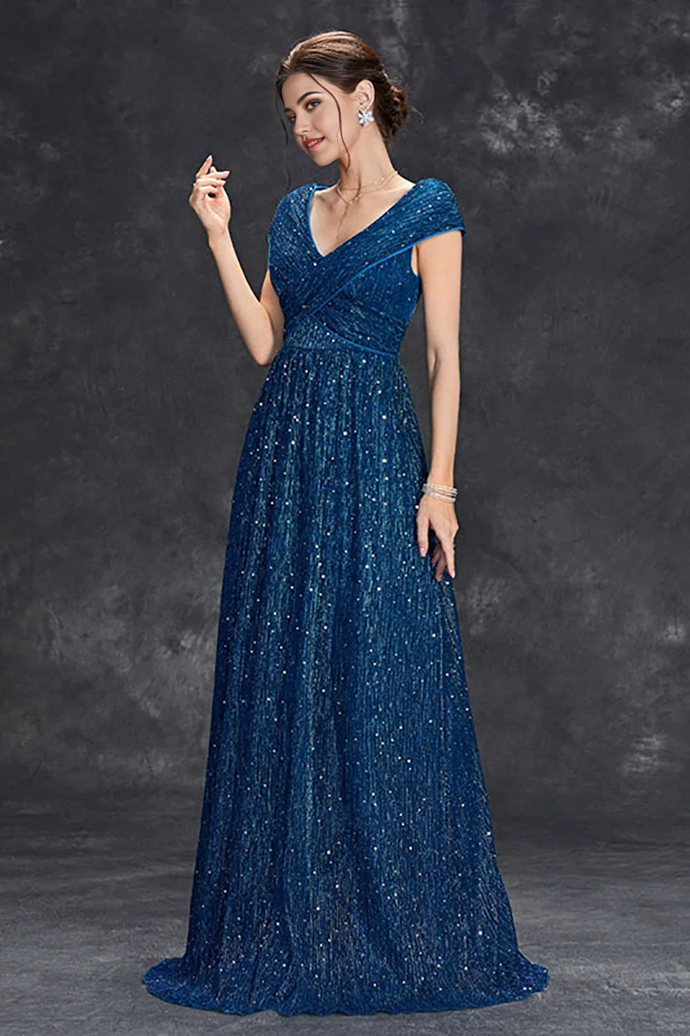 Wholesa A-Line V-Neck Sparkly Long Formal Dress