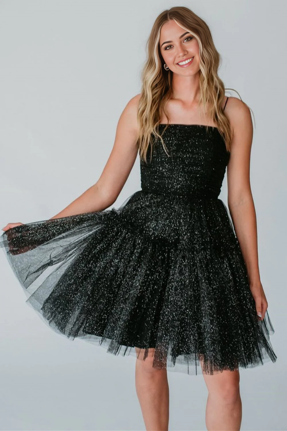 Wholesa A-Line Spaghetti Straps Glitter Black Lace Up Short Tulle formal dresses evening gown Prom Dress Homecoming Dress