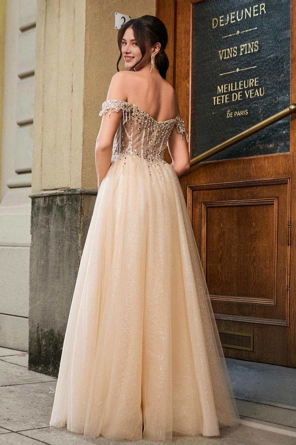 Sparkle Tulle A-Line Off-the-Shoulder Sweetheart Neckline Beaded Backless Floor-Length Discount Fashion Party Dress Hot Sale Prom Dresses