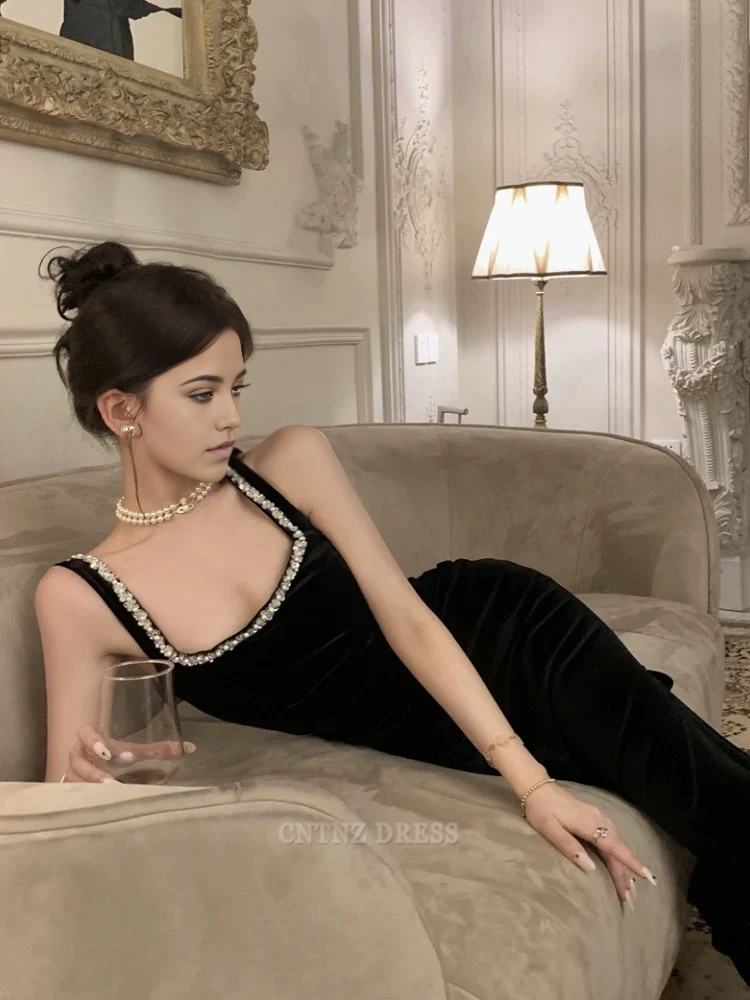 Wholesa Sheath Vintage Straps Black Velvet Long formal dresses Bridesmaid Dresses evening gown Prom Dress