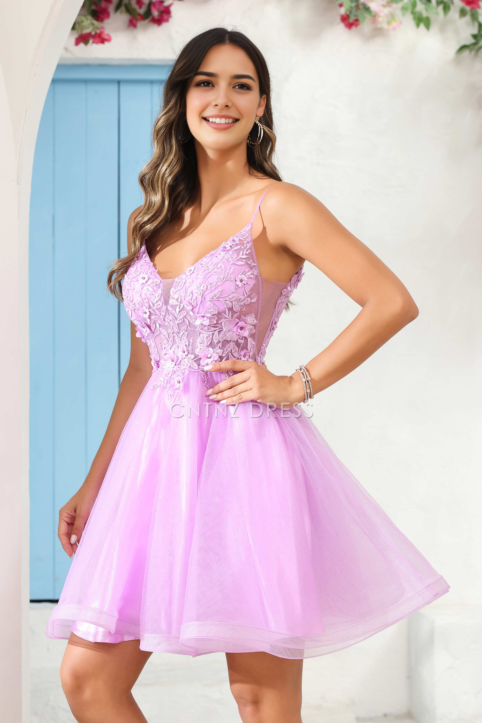 CNTNZ DRESS Fashion A Line V Neck Spaghetti Straps Backless See-through Applique Charming Mini Dress Hot Sale Homecoming Dress