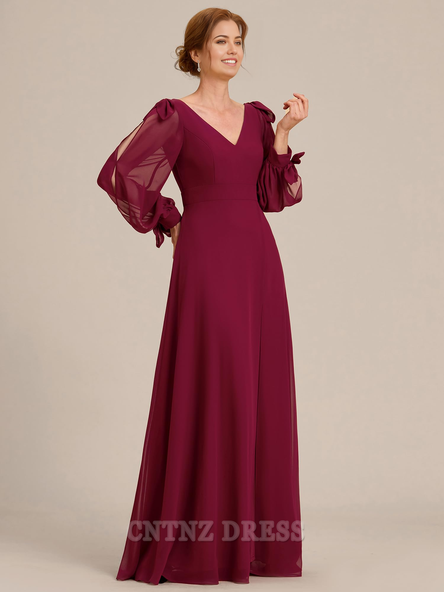Wholesa Elegant Double V Neck Long Sleeve High Waist Split formal dresses Bridesmaid Dresses evening gown Prom Dress Mother of the Bride Dresses