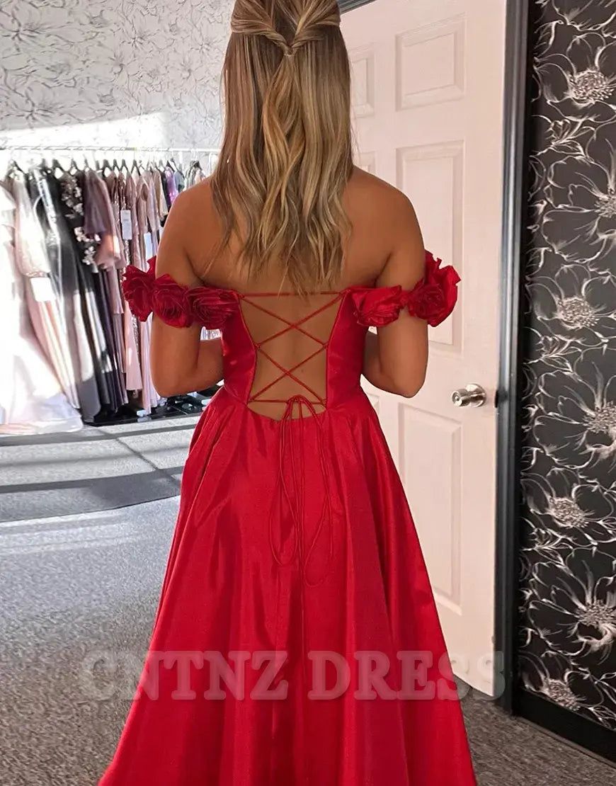 Wholesa A-Line Flowers Off the Shoulder Corset Satin Red Long formal dresses Bridesmaid Dresses evening gown Prom Dress with Slit