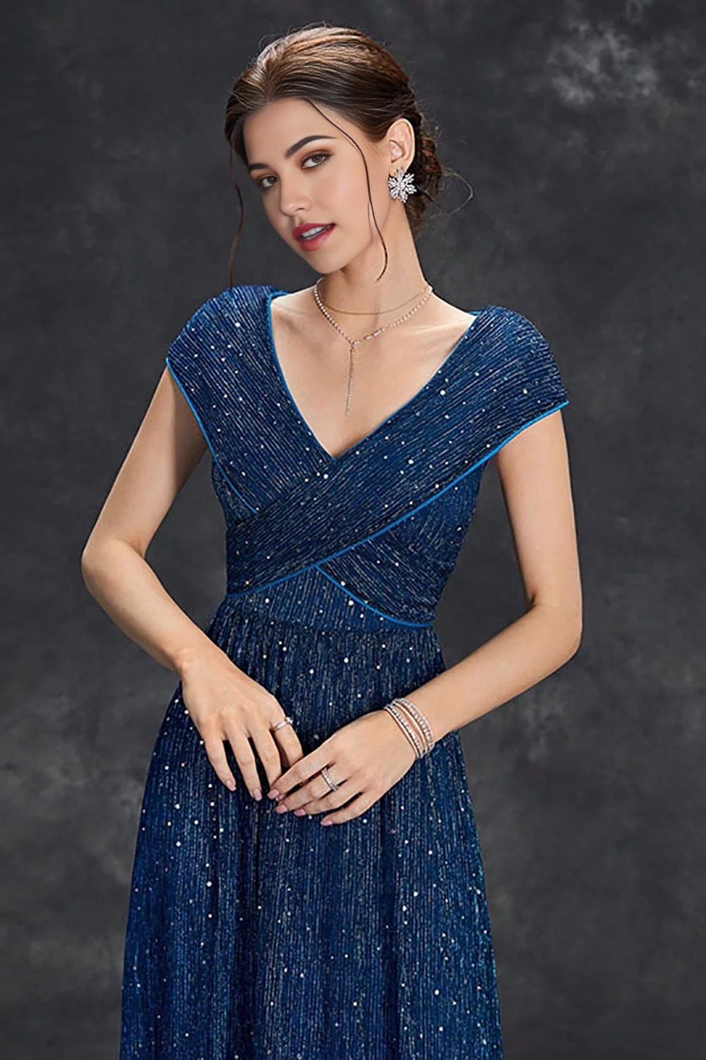 Wholesa A-Line V-Neck Sparkly Long Formal Dress