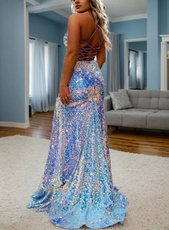 Wholesa Mermaid Spaghetti Straps V-Neck Sleeveless Floor-Length Long Prom Dresses