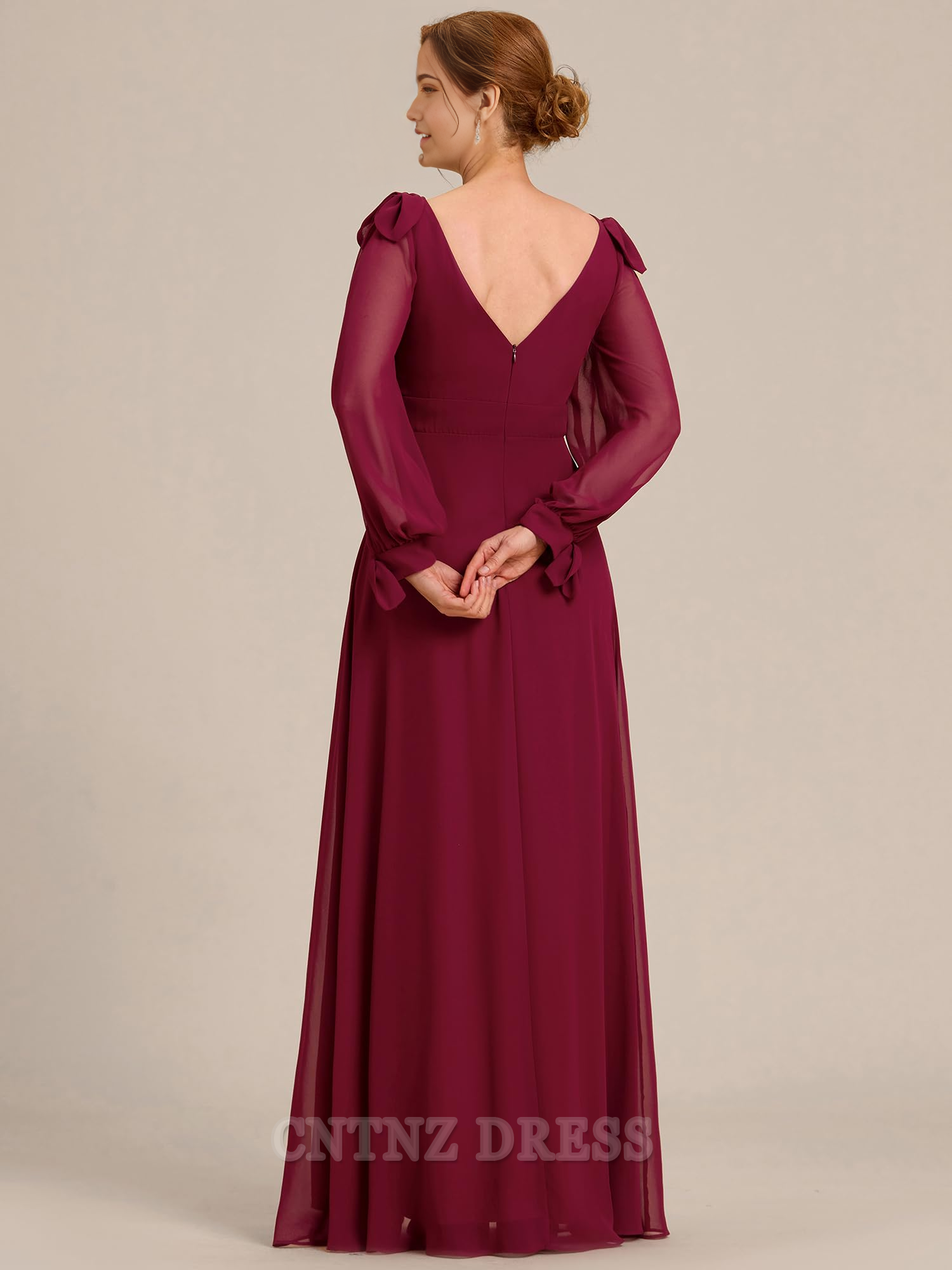 Wholesa Elegant Double V Neck Long Sleeve High Waist Split formal dresses Bridesmaid Dresses evening gown Prom Dress Mother of the Bride Dresses