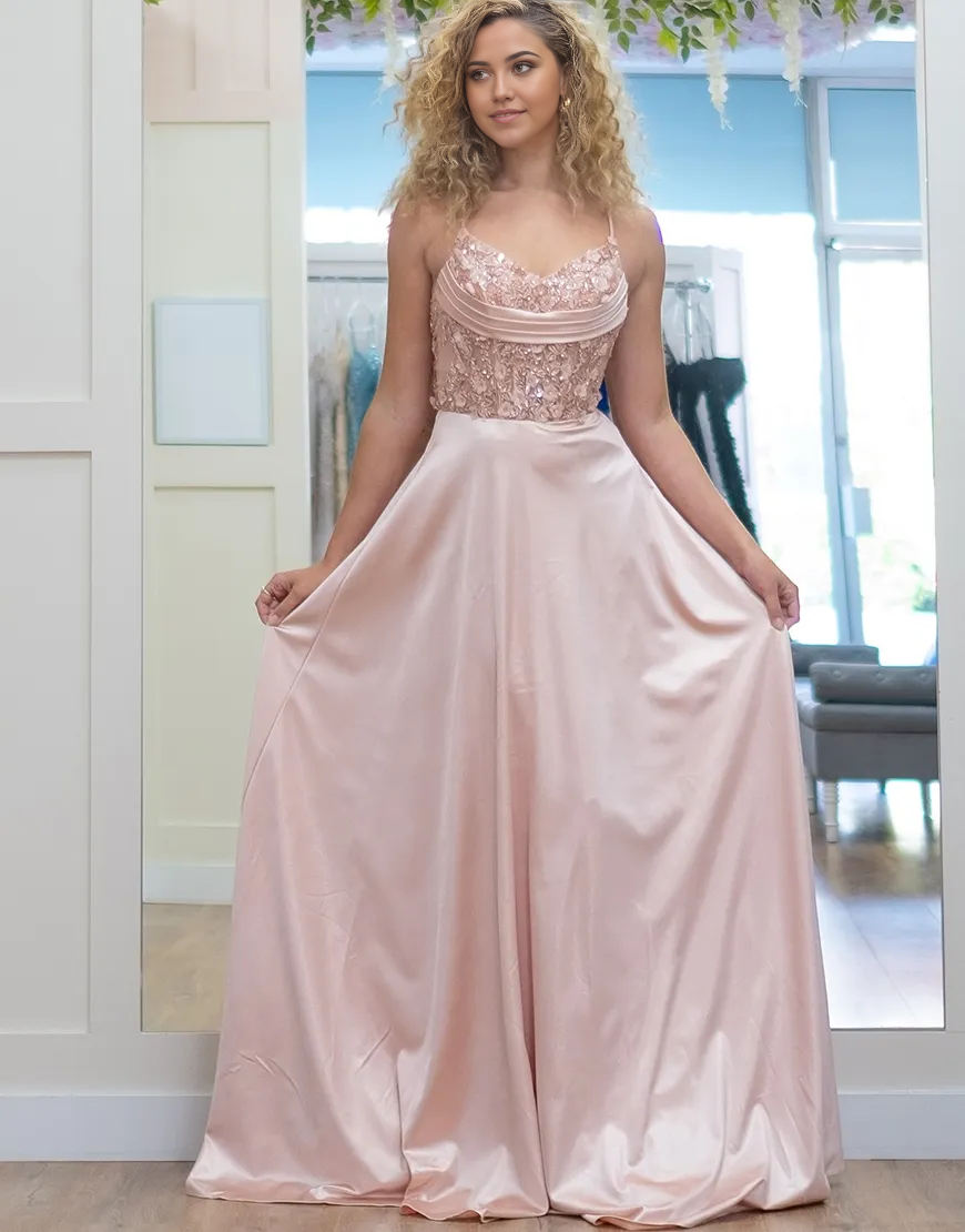 Wholesa A-Line Sparkly Flowers Corset Spaghetti Straps Pink Long formal dresses evening gown Prom Dress