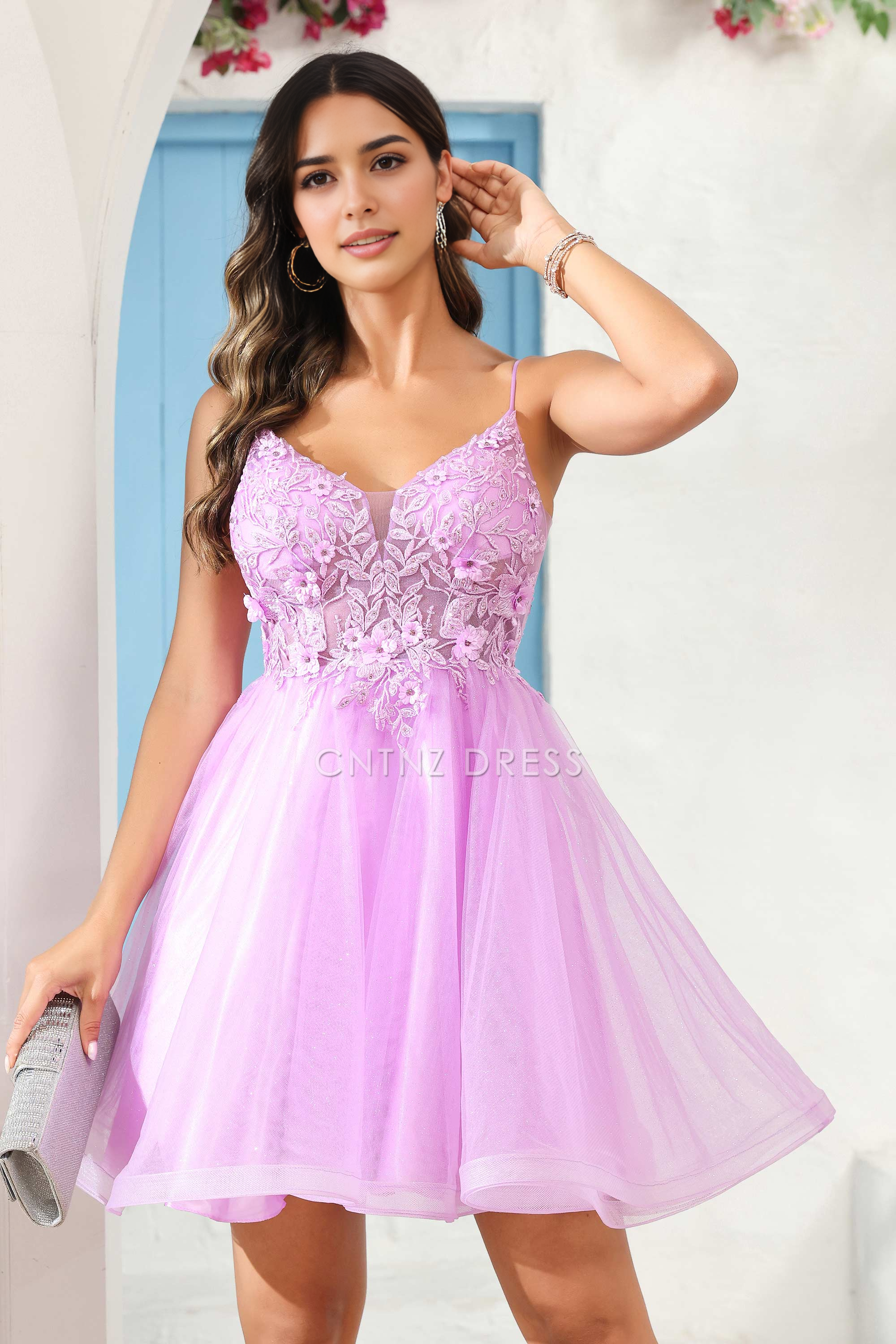 CNTNZ DRESS Fashion A Line V Neck Spaghetti Straps Backless See-through Applique Charming Mini Dress Hot Sale Homecoming Dress