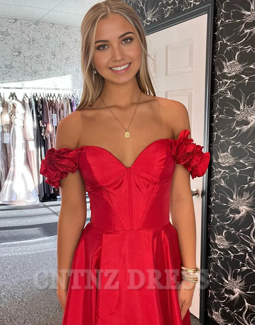 Wholesa A-Line Flowers Off the Shoulder Corset Satin Red Long formal dresses Bridesmaid Dresses evening gown Prom Dress with Slit