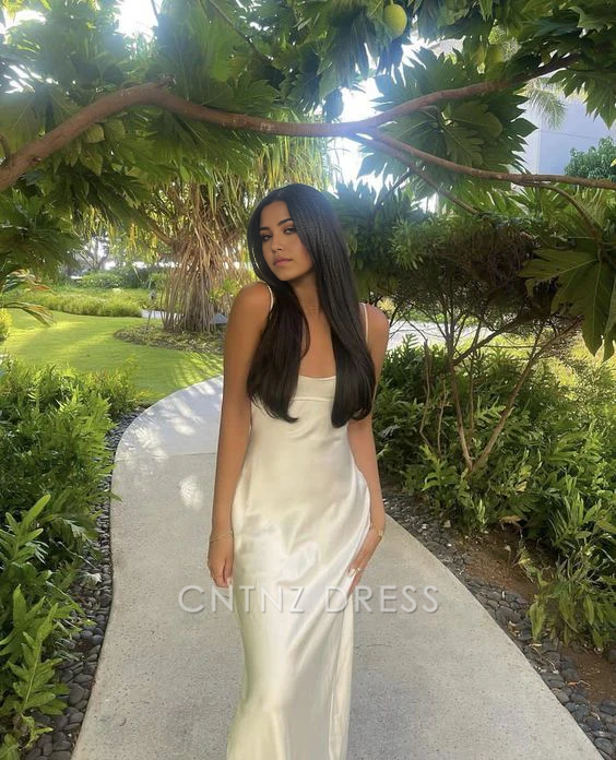 Wholesa Simple Spaghetti Straps Satin White Long formal dresses Bridesmaid Dresses evening gown Prom Dress