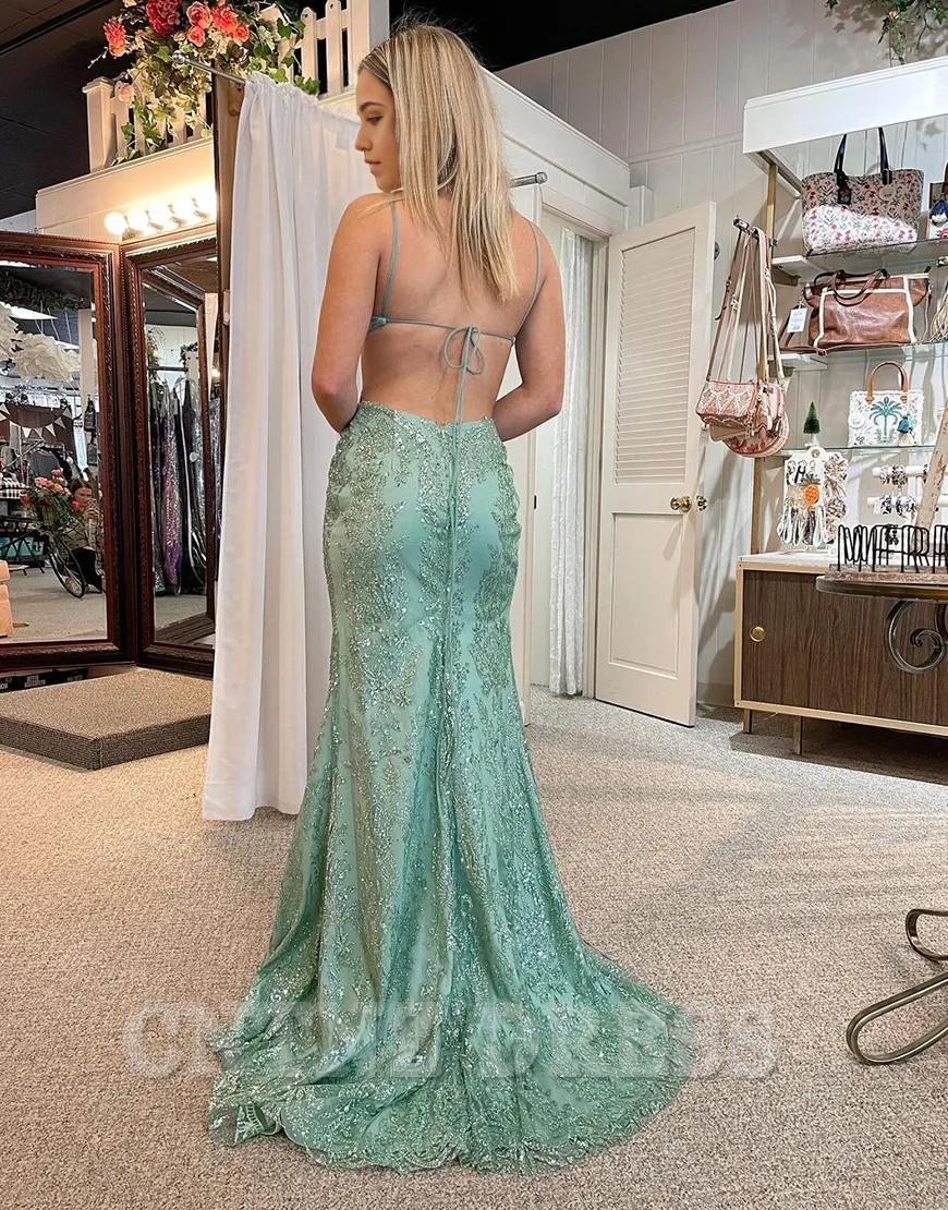 Wholesa Mermaid Sparkly Spaghetti Straps Wrap Appliques Green Long formal dresses evening gown Prom Dress with Slit