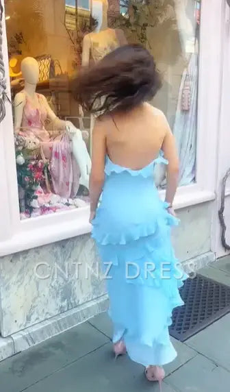Wholesa Sheath Elegant Spaghetti Straps Backless Blue Ruffle Chiffon formal dresses Bridesmaid Dresses evening gown Prom Dress