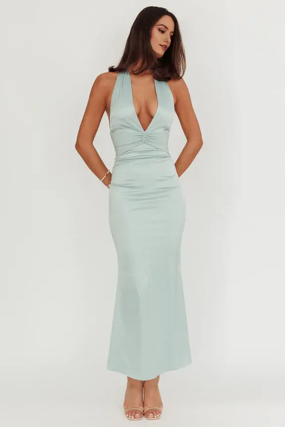 Elegant Mermaid Deep V Neck Pleat Bodice Halter Neck Sage Sleeveless Backless Inexpensive Long Wedding Guest Dress Hot Sale Prom Dress