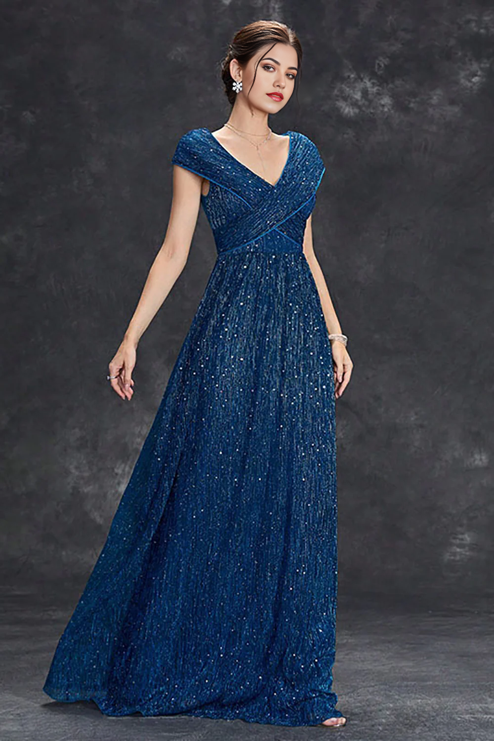 Wholesa A-Line V-Neck Sparkly Long Formal Dress