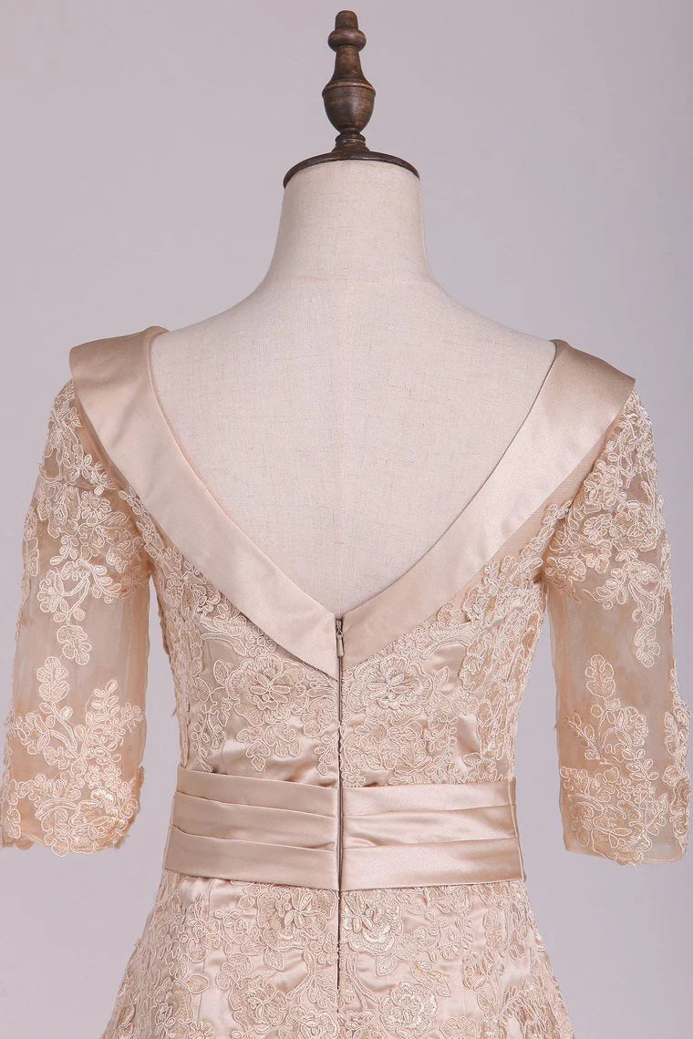 Wholesa Sheath Cowl Neck Half Sleeve Satin Applique Mother Of The Bride Dresses