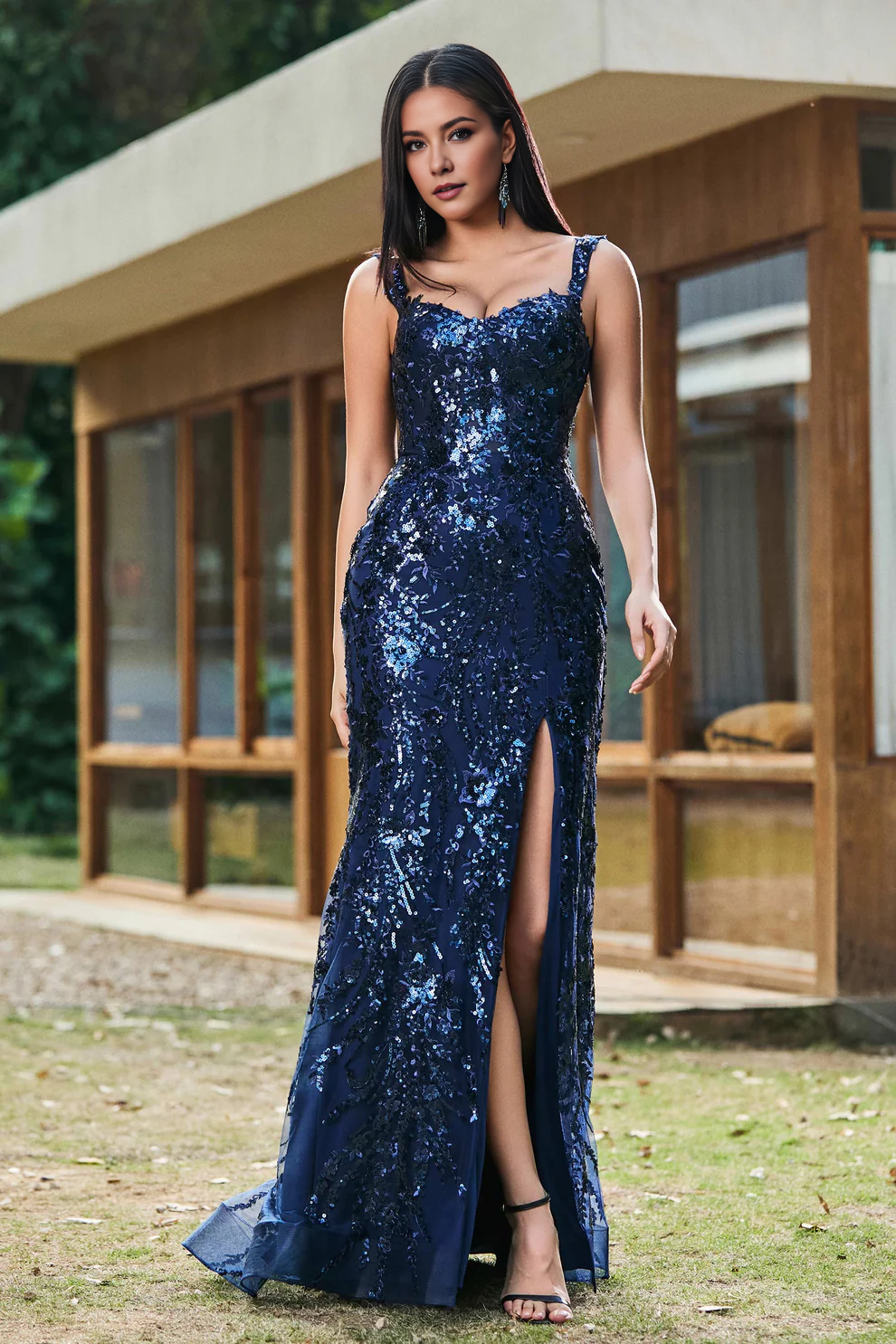 Sparkle Sequins Sheath Wide Shoulder Straps V Neck Sleeveless Lace Up Lace Applique Backless Slit Discount Retro Party Dress Hot Sale Prom Dresses