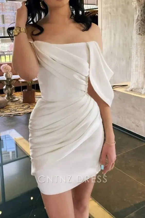 Wholesa Sheath off the shoulder satin white homecoming dress short formal dresses Bridesmaid Dresses evening gown Prom Dress
