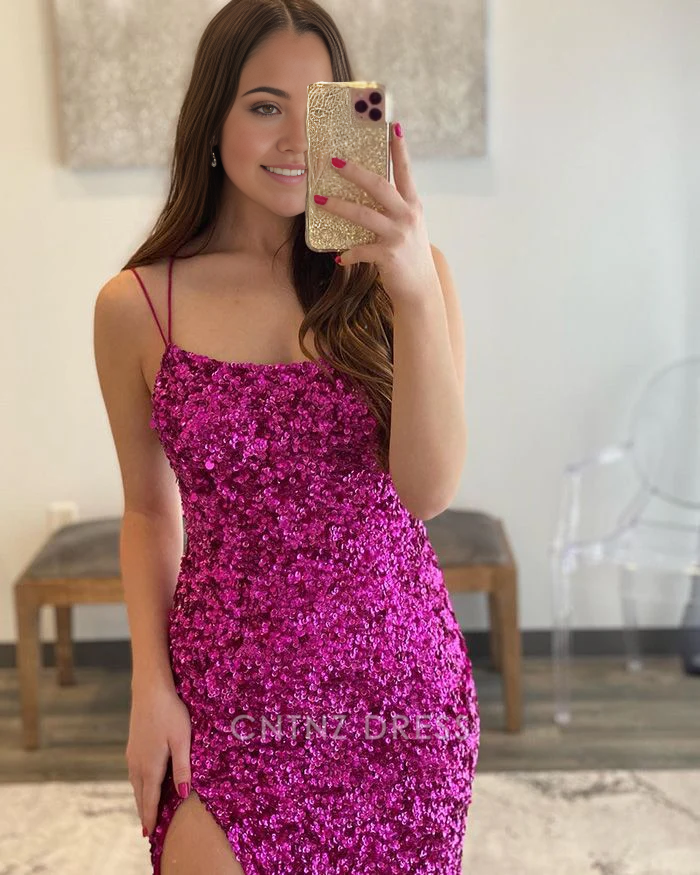 Wholesa Mermaid Spaghetti Straps Rose Red Sequin formal dresses Bridesmaid Dresses evening gown Prom Dress with Side Slit