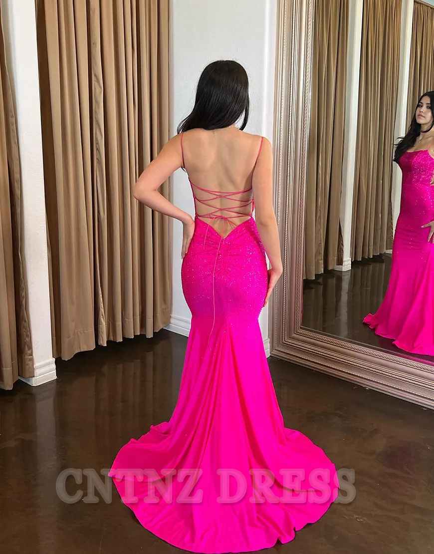 Wholesa Mermaid Sparkly Beaded Spaghetti Straps Satin Fuchsia Long formal dresses evening gown Prom Dress