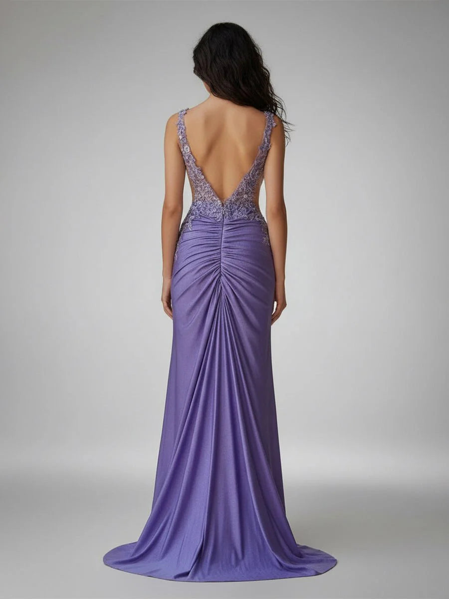 Exquisite Formal Women's Dresses Purple Charming Mermaid V Neck Sleeveless Slit with Bead string Appliques Bargain Long Prom Dress