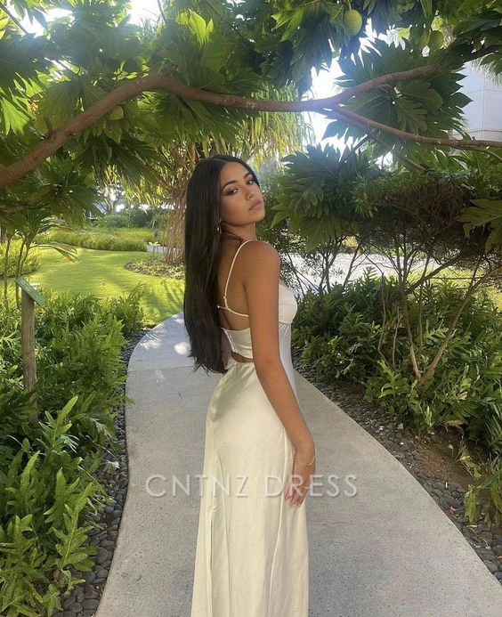 Wholesa Simple Spaghetti Straps Satin White Long formal dresses Bridesmaid Dresses evening gown Prom Dress