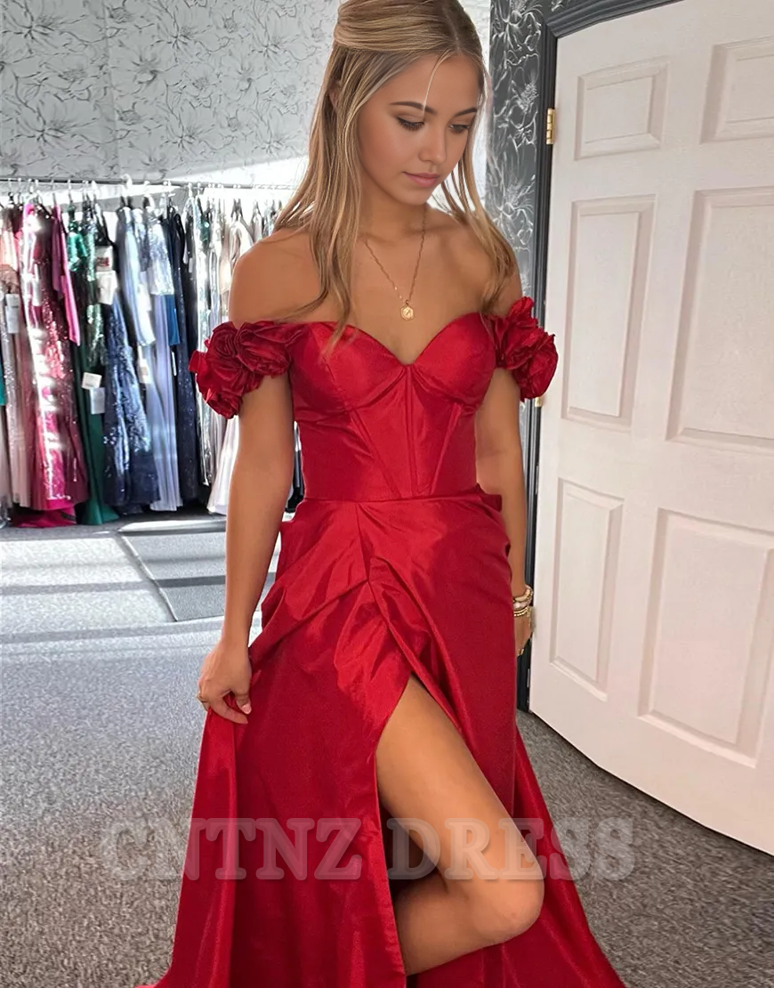 Wholesa A-Line Flowers Off the Shoulder Corset Satin Red Long formal dresses Bridesmaid Dresses evening gown Prom Dress with Slit